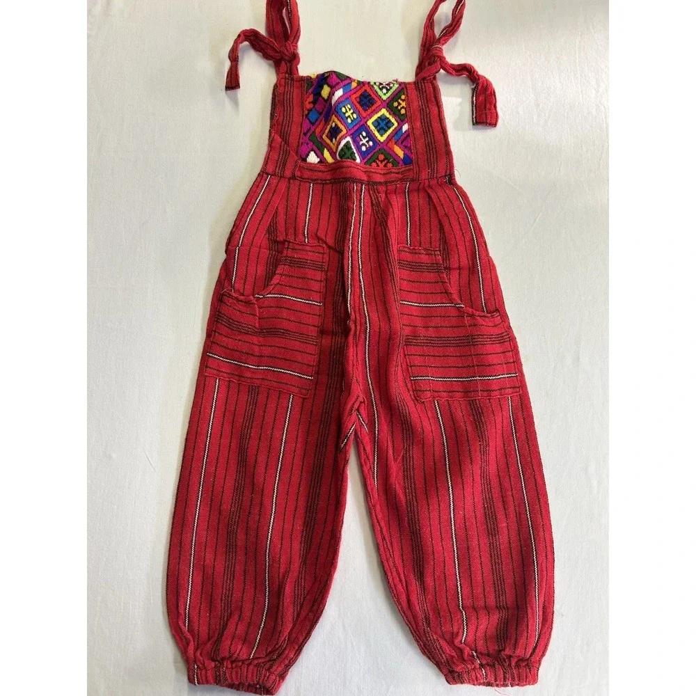 Vintage Guatemalan Toddler Woven Overalls Red Embroidered Romper 2T 3T Boho